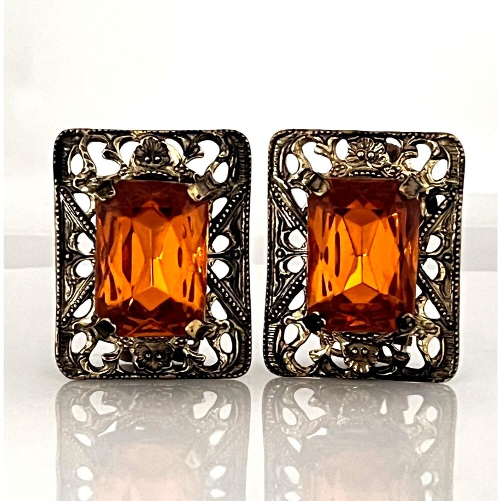 Vintage 1950s Clip Earrings Art Deco Revival Orange Czech Glass Mid Century - 4W